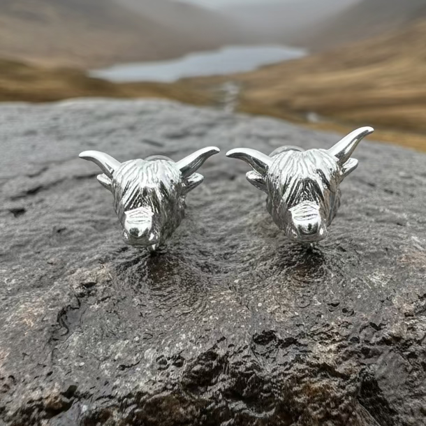 Wee Coo Scottish Highland Cow Earrings in Sterling Silver