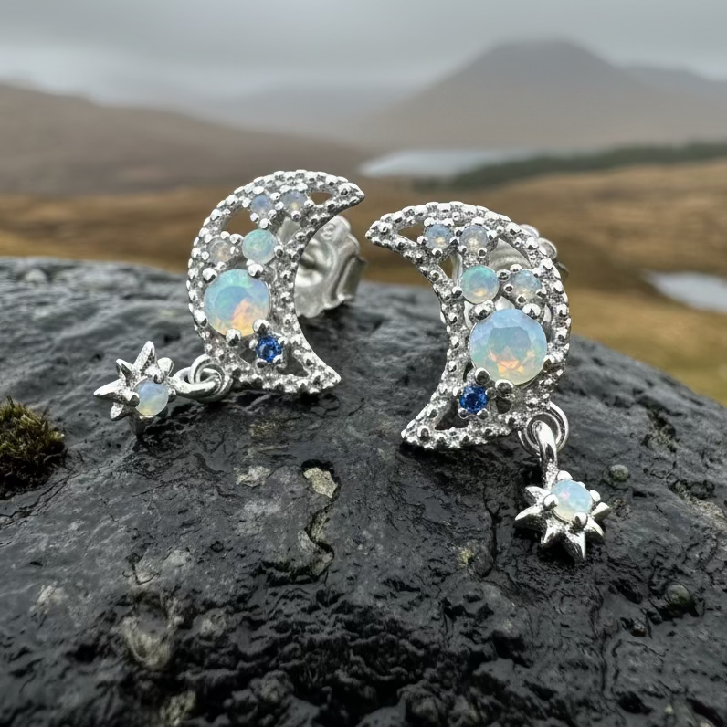 Sparkly Moon Post Earrings in sterling silver