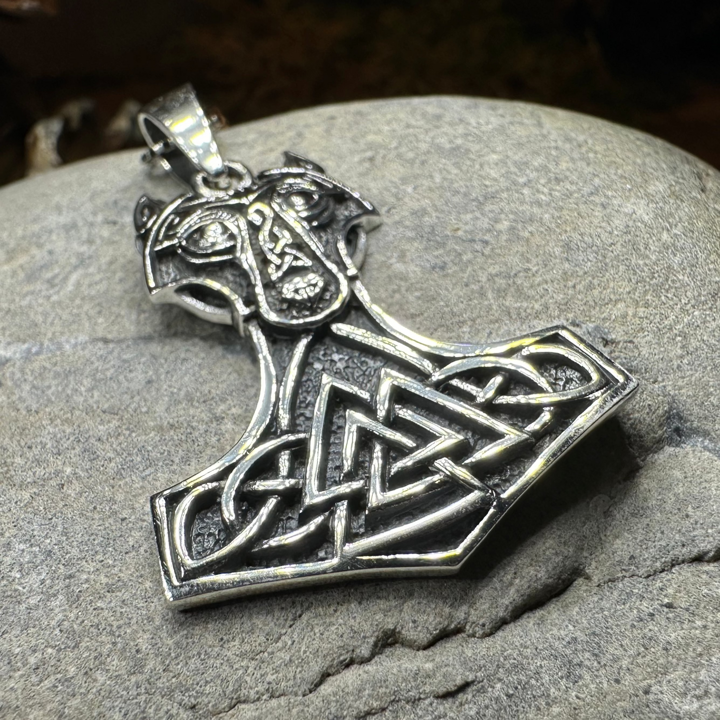 Wolf's Head Thor's Hammer Necklace in Sterling Silver