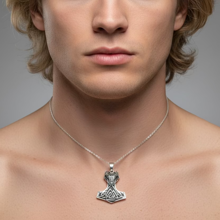 Wolf's Head Thor's Hammer Necklace in Sterling Silver