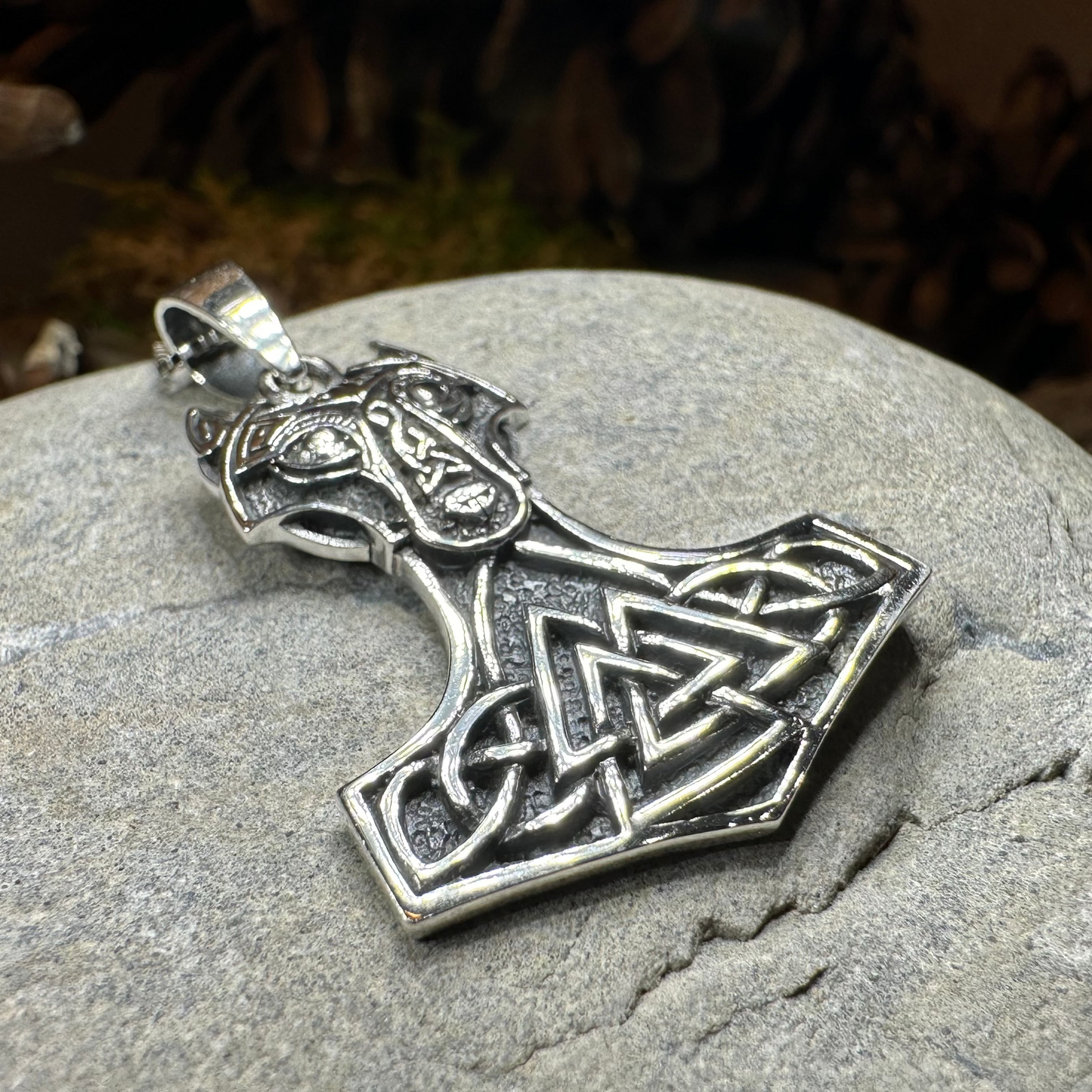 Wolf's Head Thor's Hammer Necklace in Sterling Silver