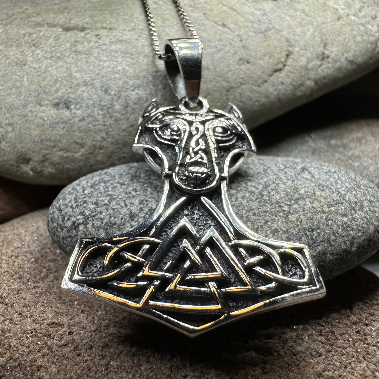Wolf's Head Thor's Hammer Necklace in Sterling Silver