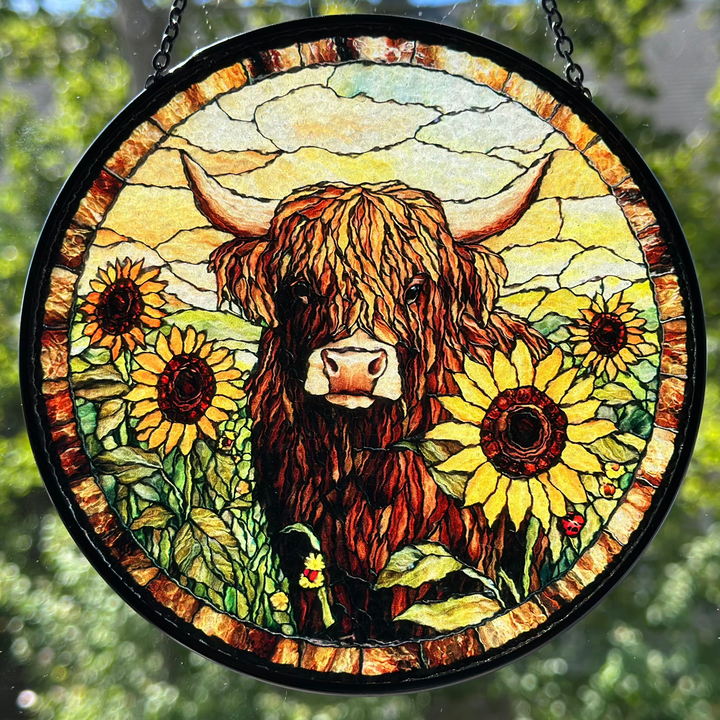 Sunflower Highland Cow Suncatcher