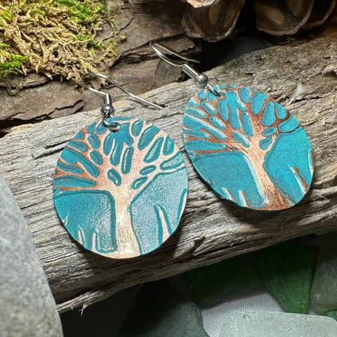 Load image into Gallery viewer, Green Oak Tree of Life Copper Earrings
