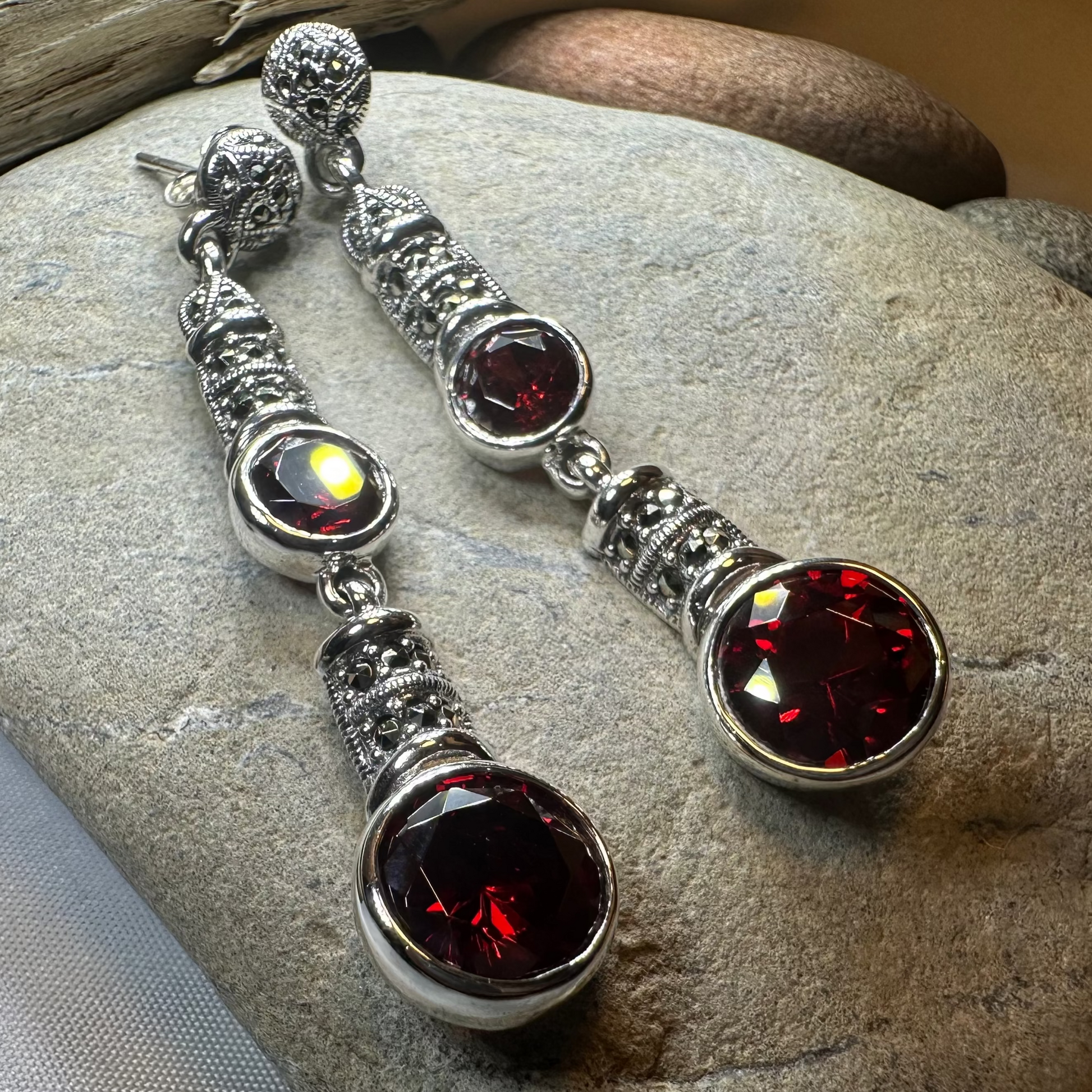 Garnet Fire Earrings in silver