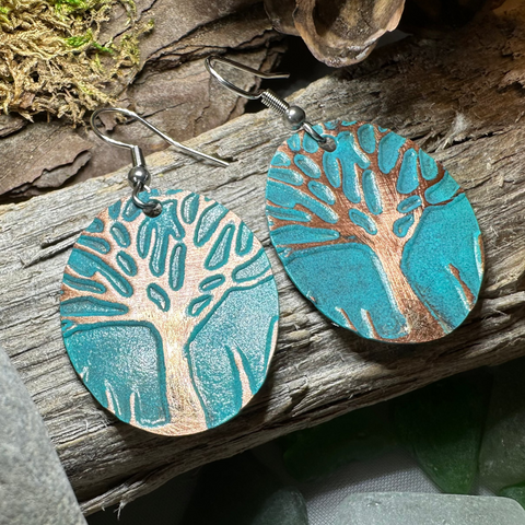 Load image into Gallery viewer, Green Oak Tree of Life Copper Earrings
