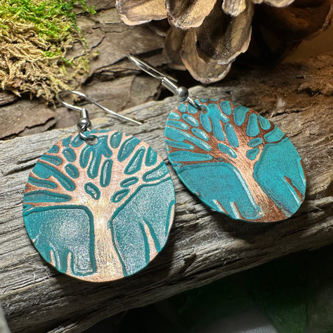 Load image into Gallery viewer, Green Oak Tree of Life Copper Earrings
