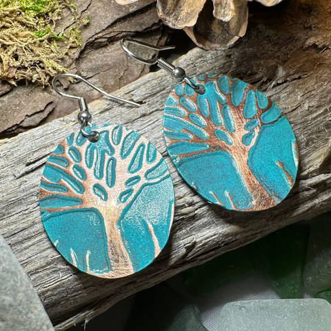Load image into Gallery viewer, Green Oak Tree of Life Copper Earrings
