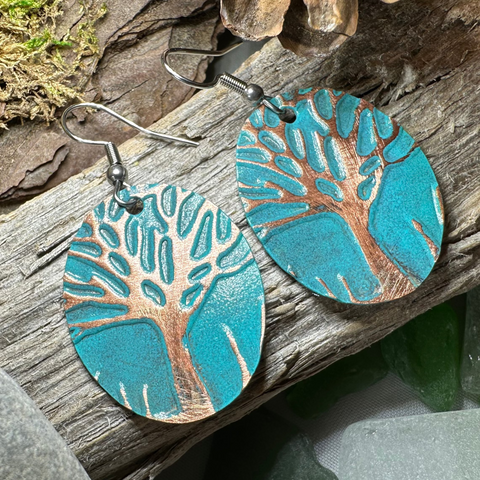 Load image into Gallery viewer, Green Oak Tree of Life Copper Earrings
