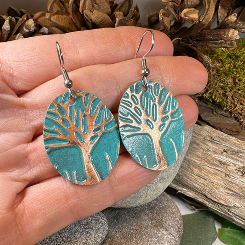 Load image into Gallery viewer, Green Oak Tree of Life Copper Earrings
