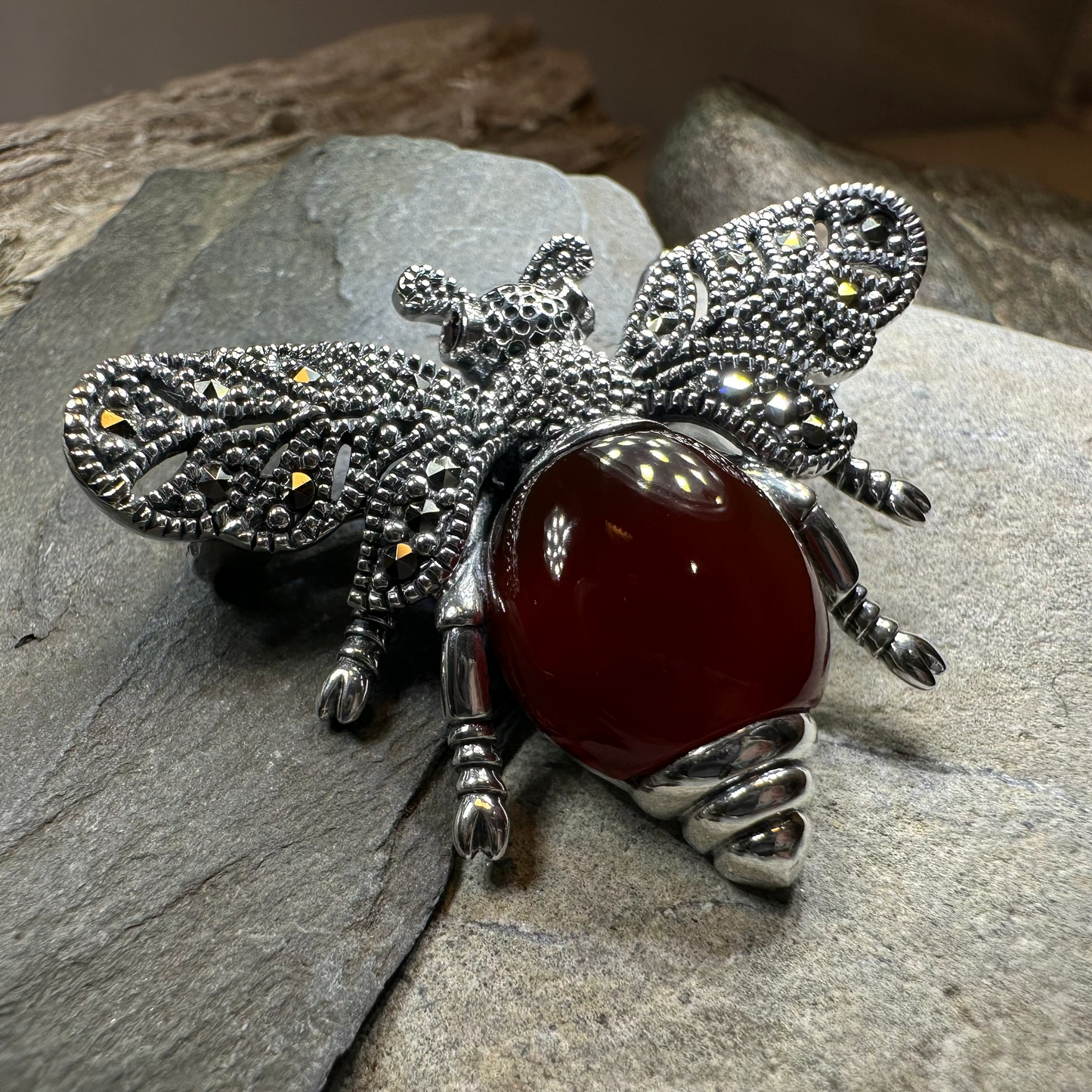 Nectara Marcasite Bee Brooch in Sterling Silver