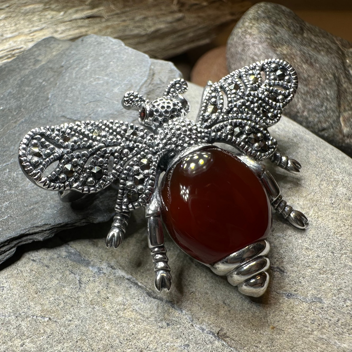 Nectara Marcasite Bee Brooch in Sterling Silver