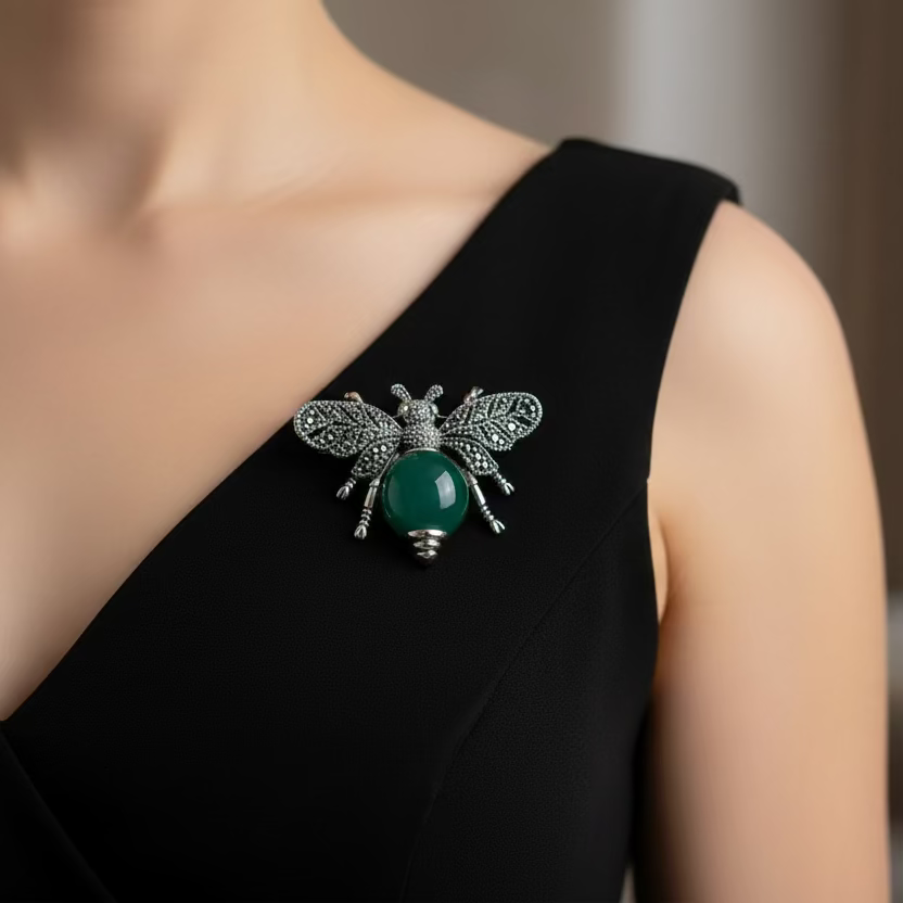 Nectara Marcasite Bee Brooch in Sterling Silver