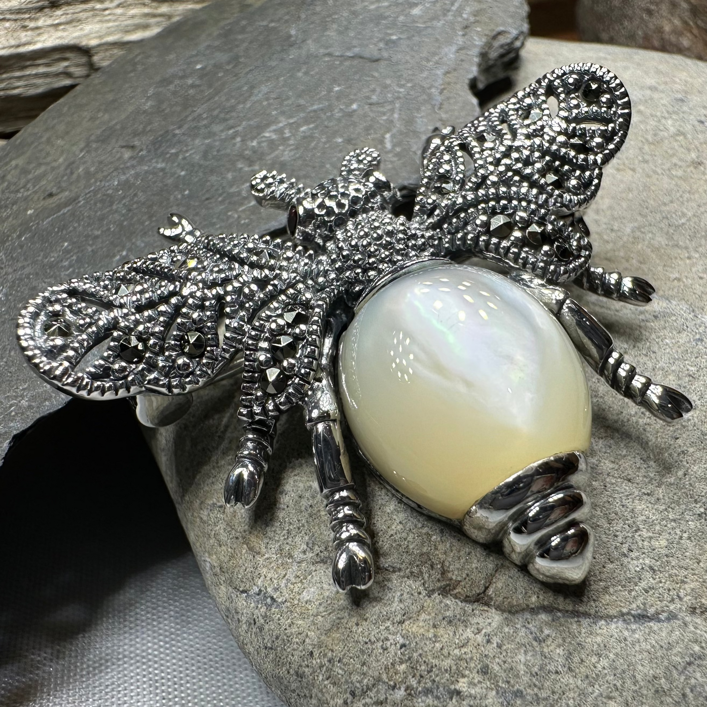 Nectara Marcasite Bee Brooch in Sterling Silver