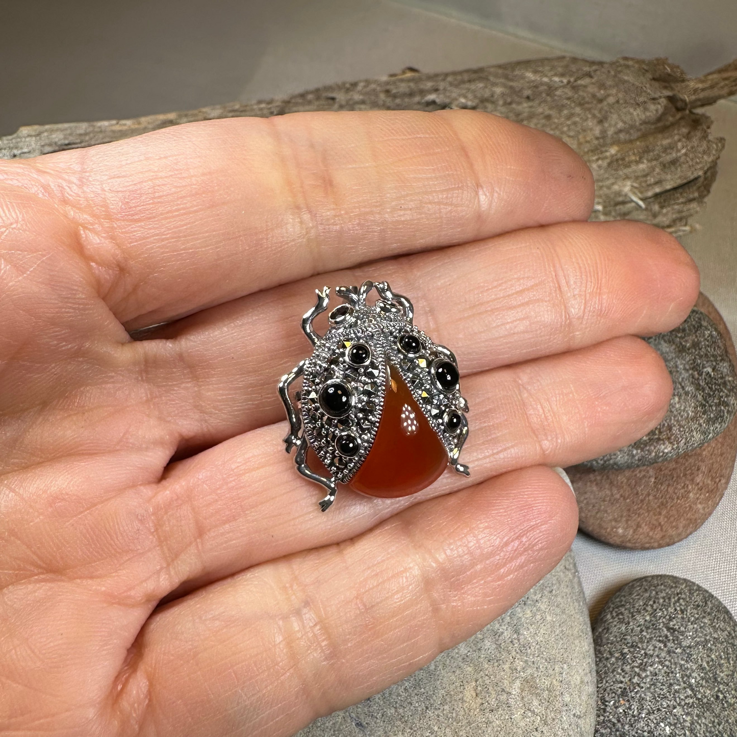 Lucky Ladybug Brooch in Sterling Silver