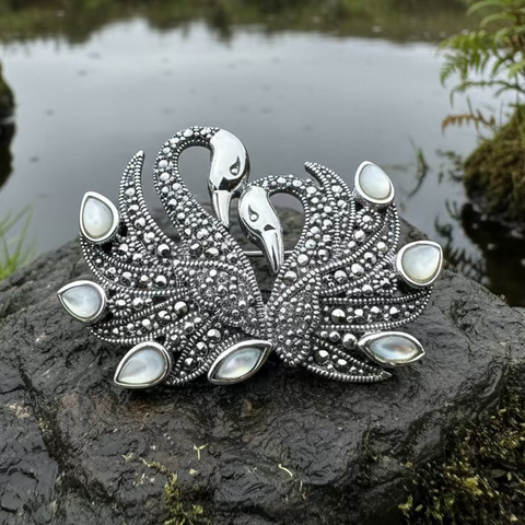 Load image into Gallery viewer, Children of Lir Marcasite Swan Brooch in Sterling Silver
