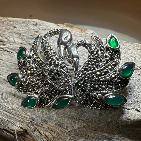 Load image into Gallery viewer, Children of Lir Marcasite Swan Brooch in Sterling Silver
