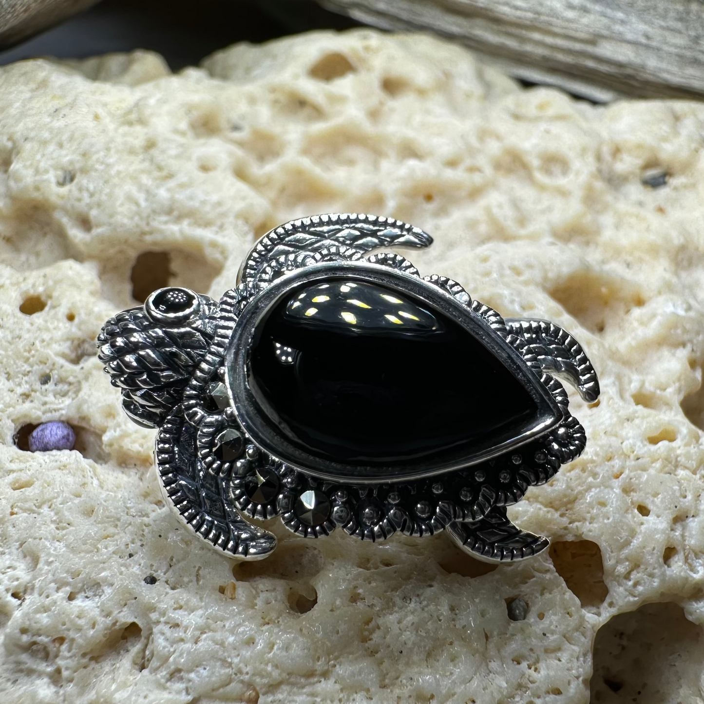 Aryn Onyx Turtle Brooch in Sterling Silver