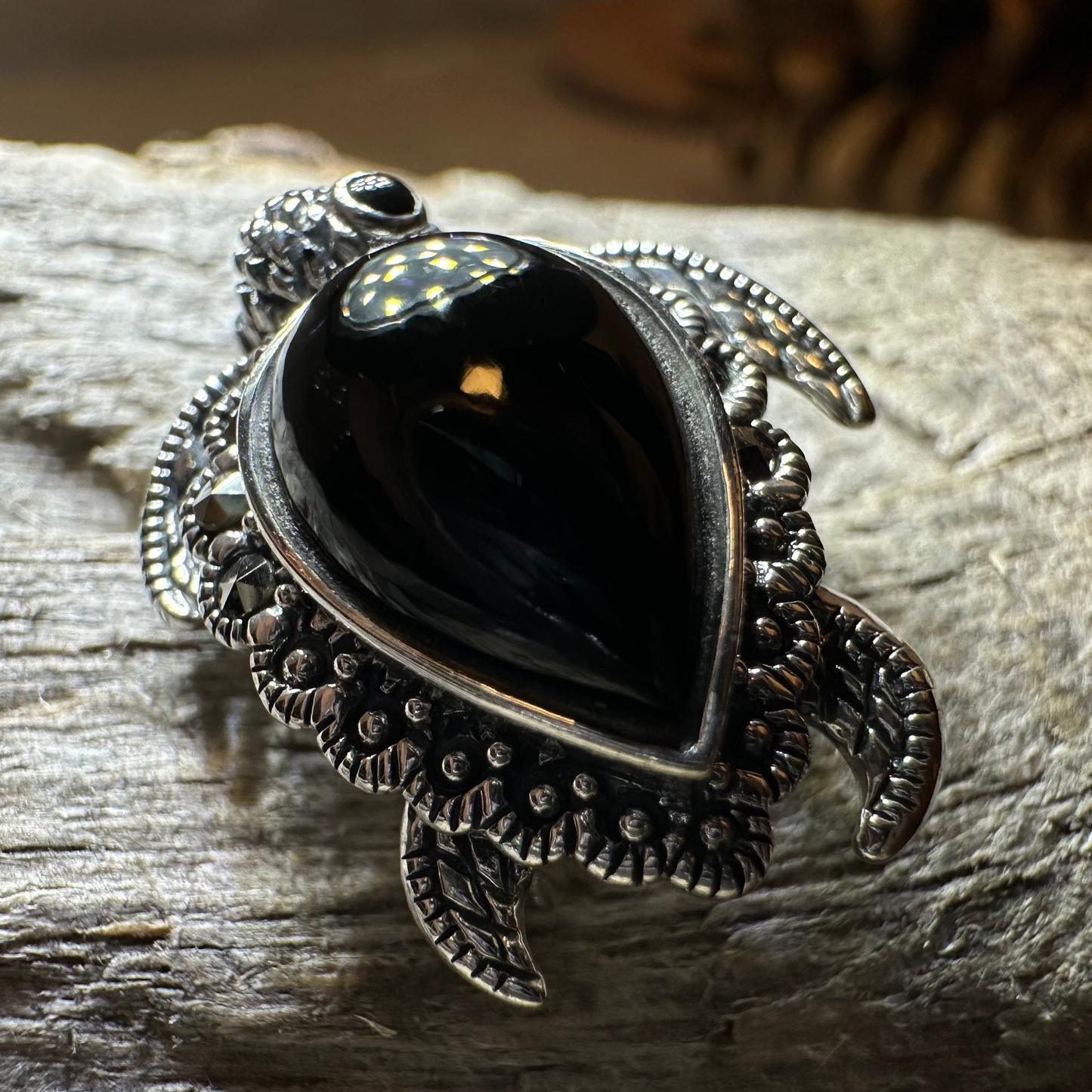 Aryn Onyx Turtle Brooch in Sterling Silver