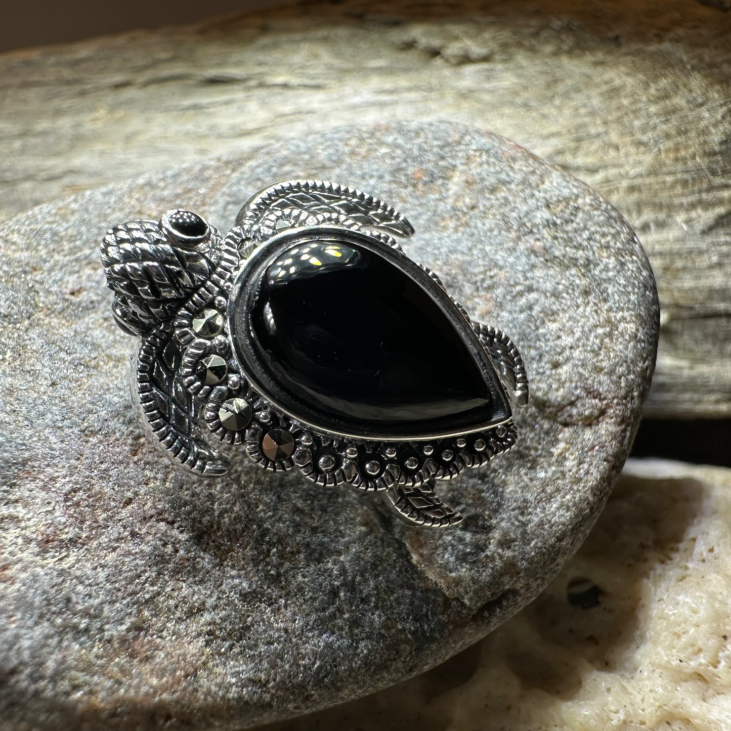 Aryn Onyx Turtle Brooch in Sterling Silver