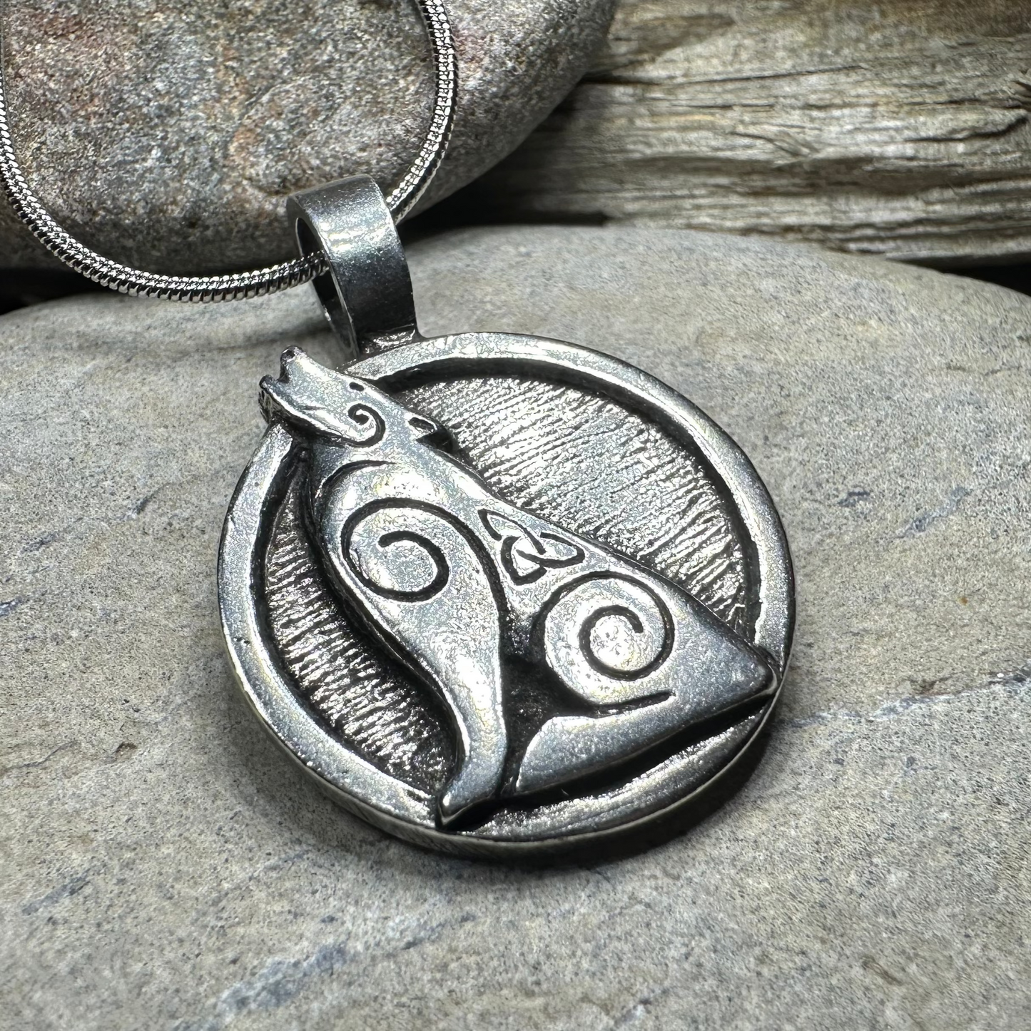 Celtic Howling Wolf Pewter Necklace with Trinity Knot
