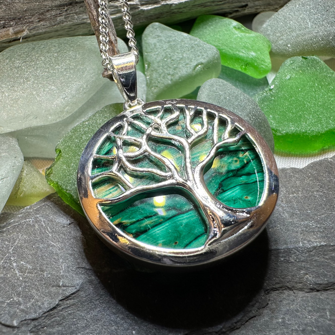 Heathergems Tree of Life Necklace with a green gemstone and silver branches.