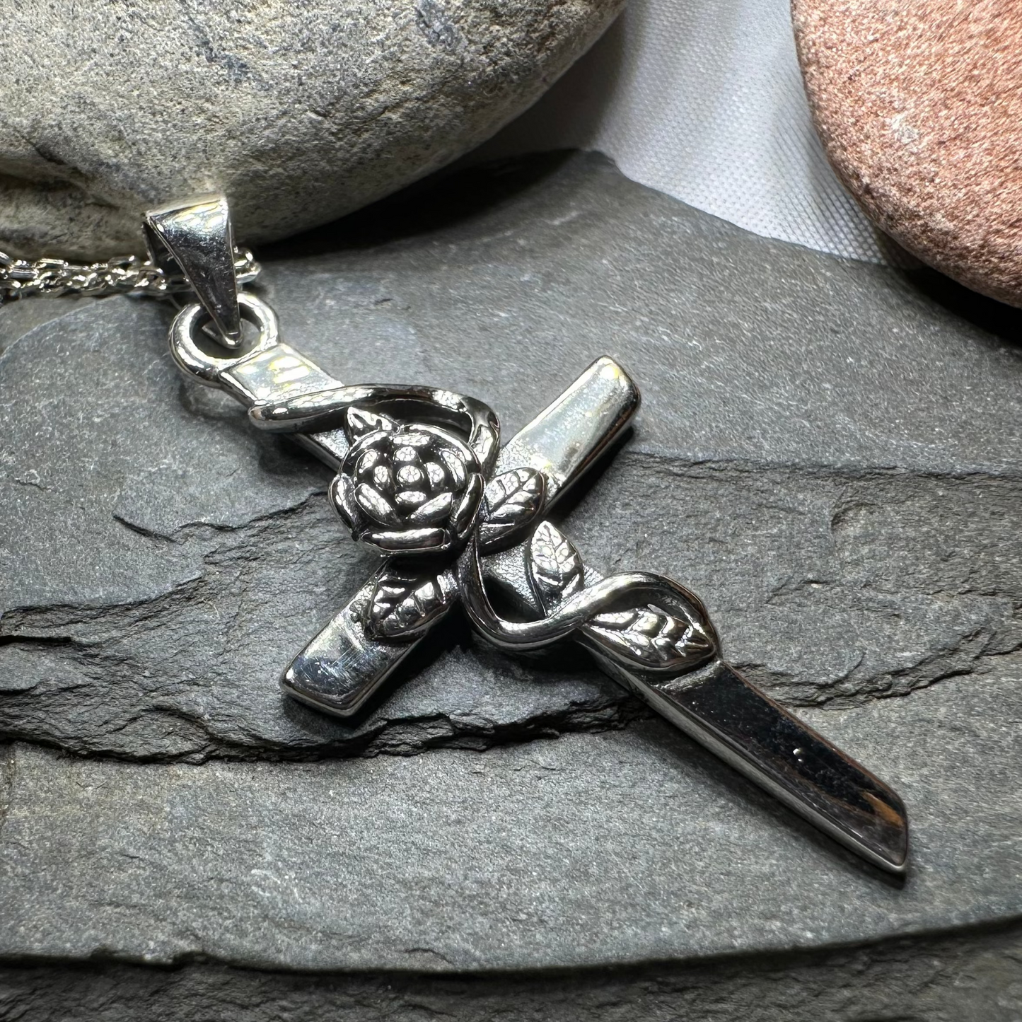Faithful Rose Cross Necklace in Sterling Silver
