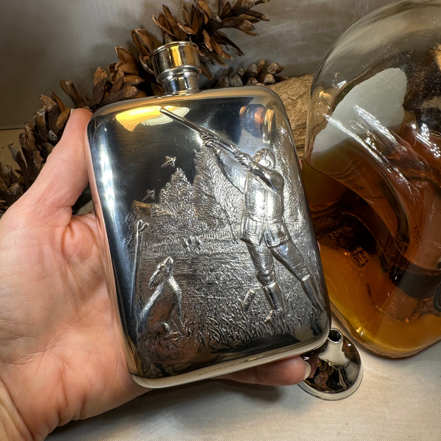 Gone Hunting Pewter Hip Flask - Handmade in England