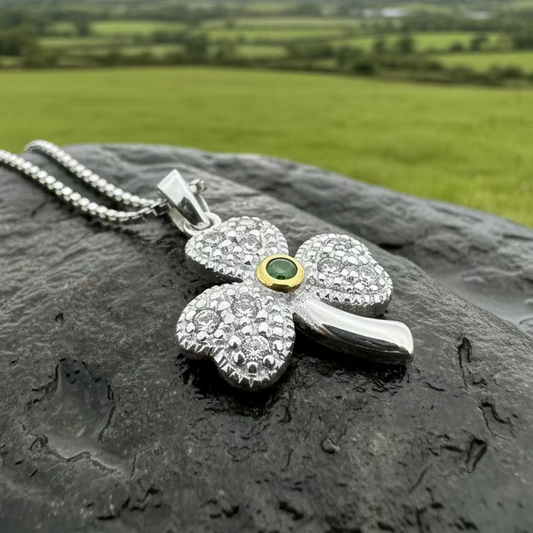 Shimmering Irish Shamrock Necklace in Sterling Silver