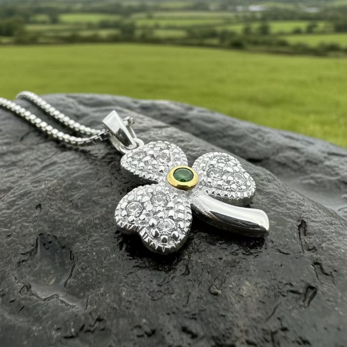 Shimmering Irish Shamrock Necklace in Sterling Silver
