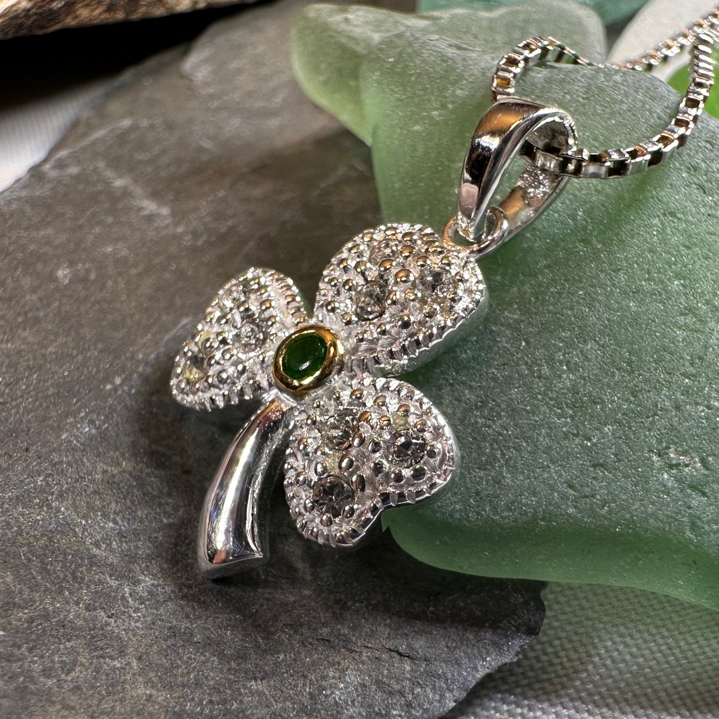 Shimmering Irish Shamrock Necklace in Sterling Silver
