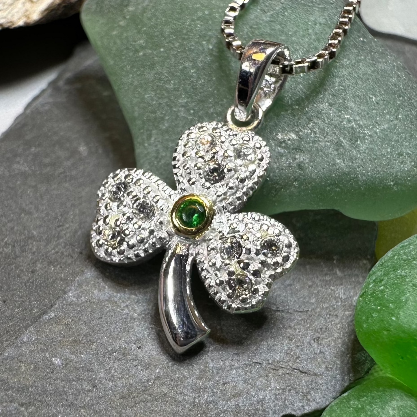 Shimmering Irish Shamrock Necklace in Sterling Silver