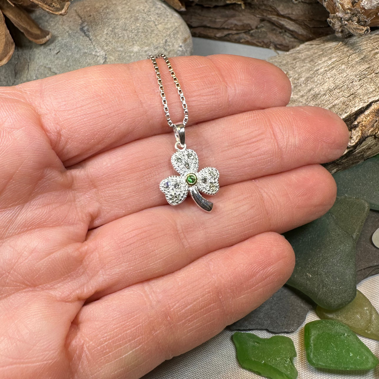 Shimmering Irish Shamrock Necklace in Sterling Silver
