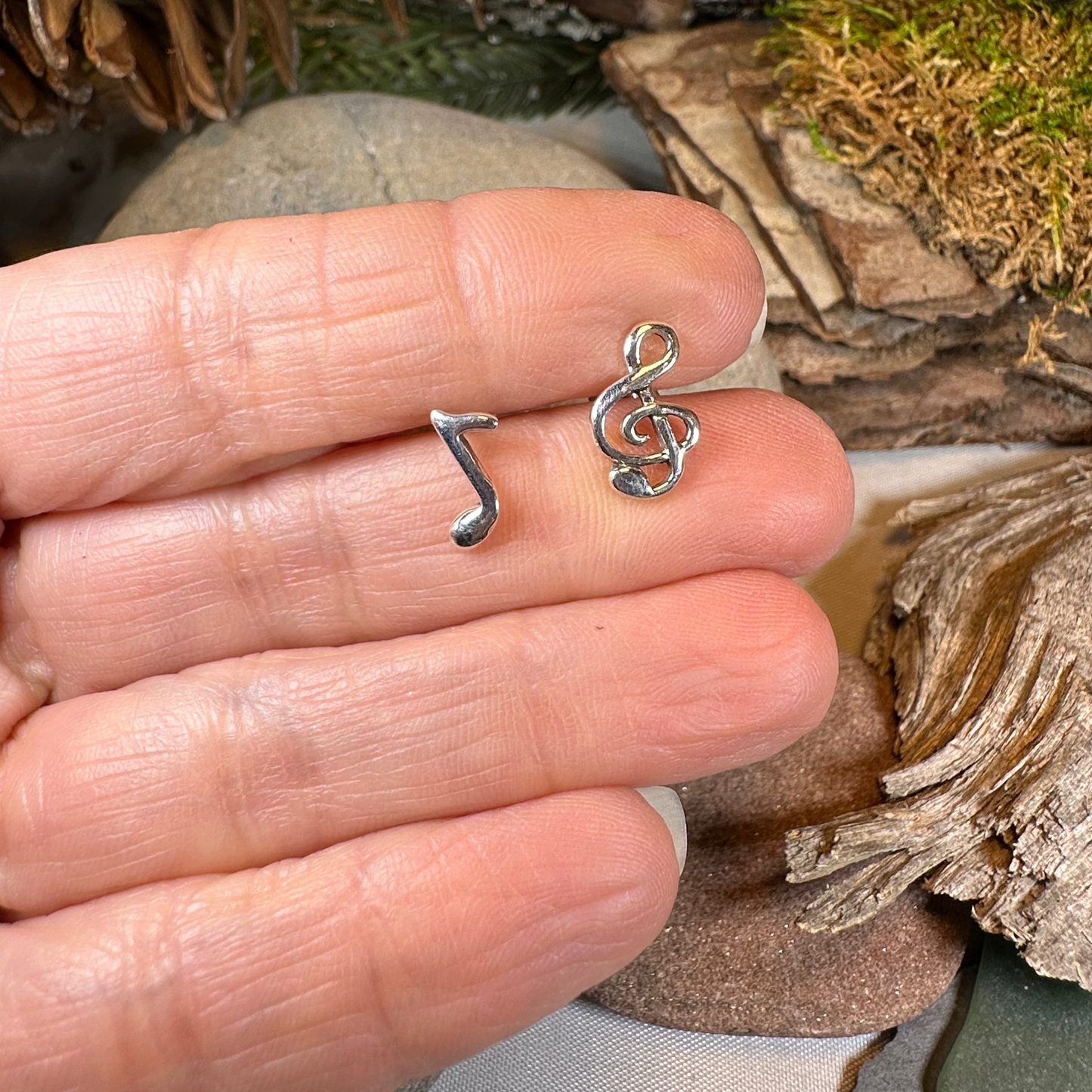 Music Note Stud Earrings in Sterling Silver — view 3
