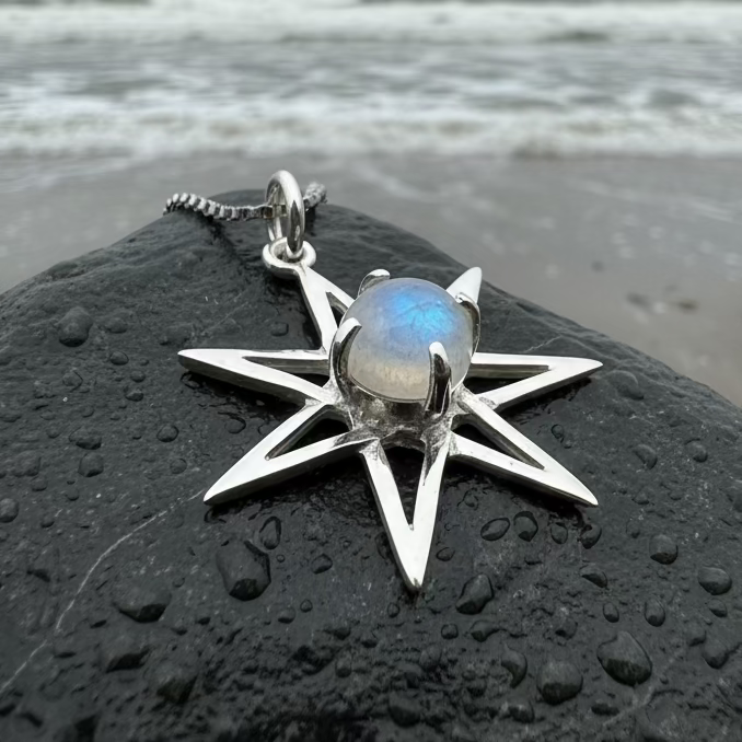 Moonstone Elven Star Necklace in Sterling Silver