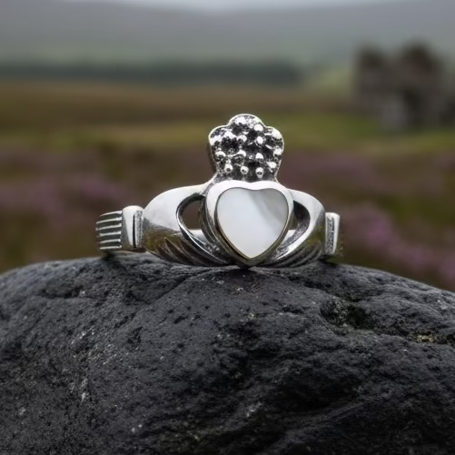 Aurora Irish Claddagh Ring with Mother of Pearl in sterling silver