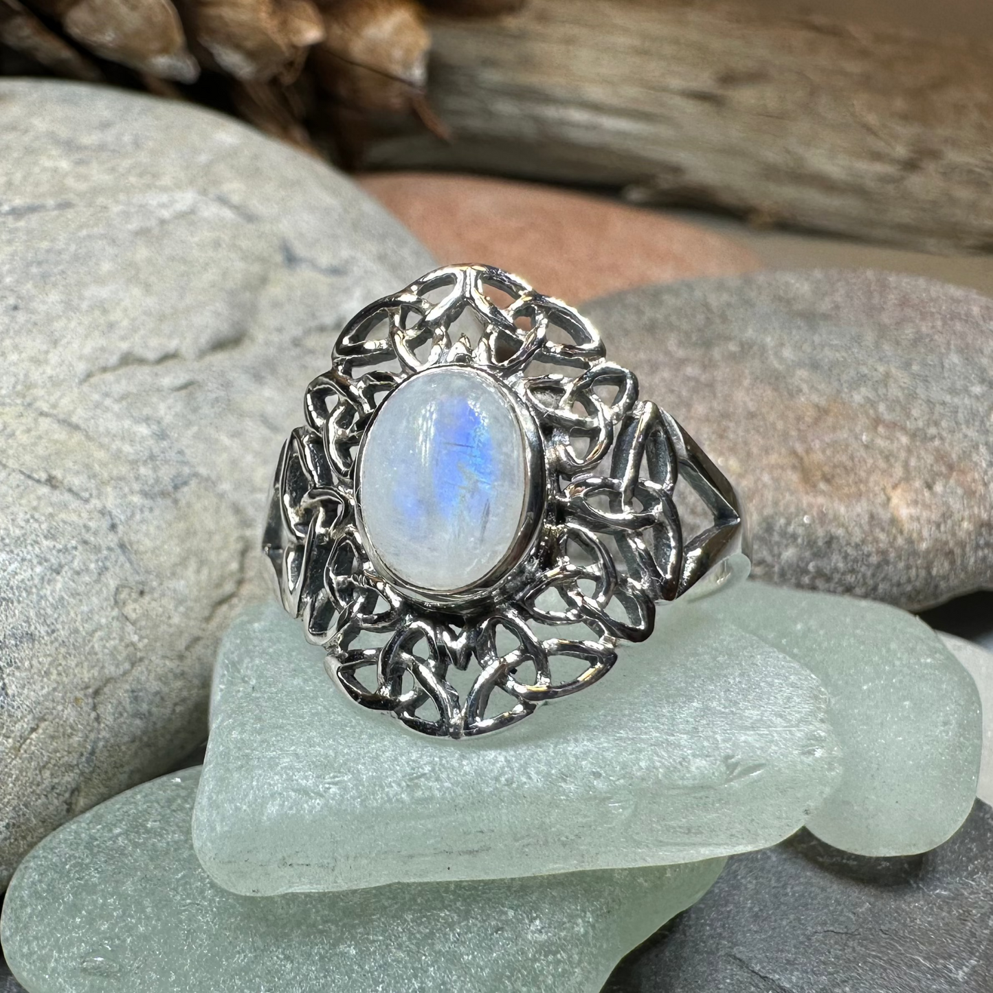 Celtic Starglow Moonstone Ring in Sterling Silver — view 9