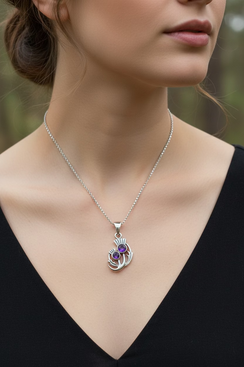 Scottish Spring Thistle Amethyst Necklace in Sterling Silver