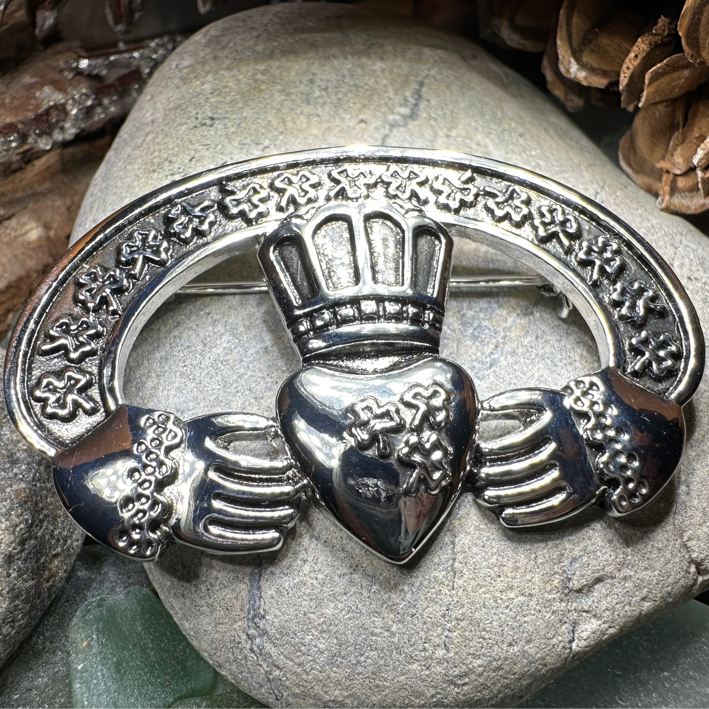 Irish Claddagh Shamrock Brooch — view 3