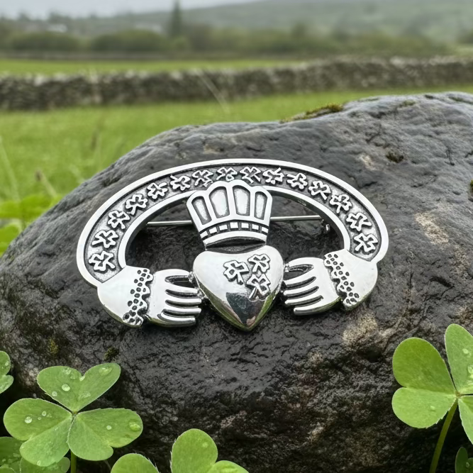 Irish Claddagh Shamrock Brooch in pewter