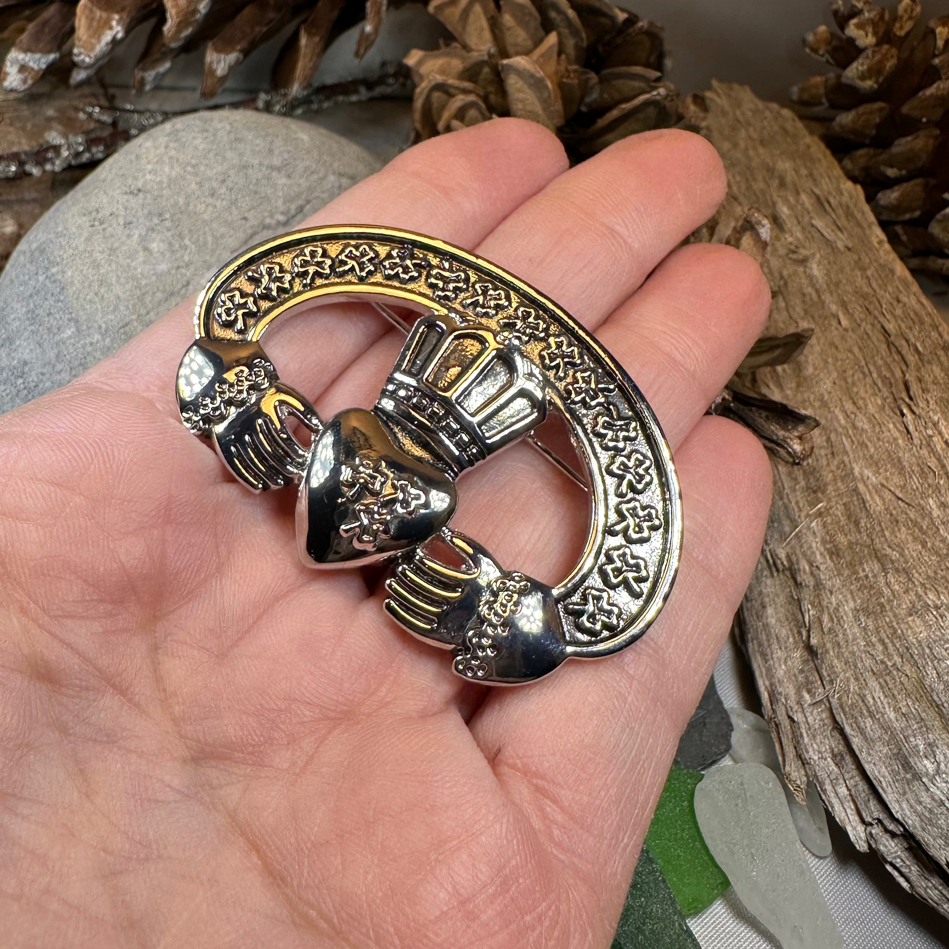 Irish Claddagh Shamrock Brooch — view 4