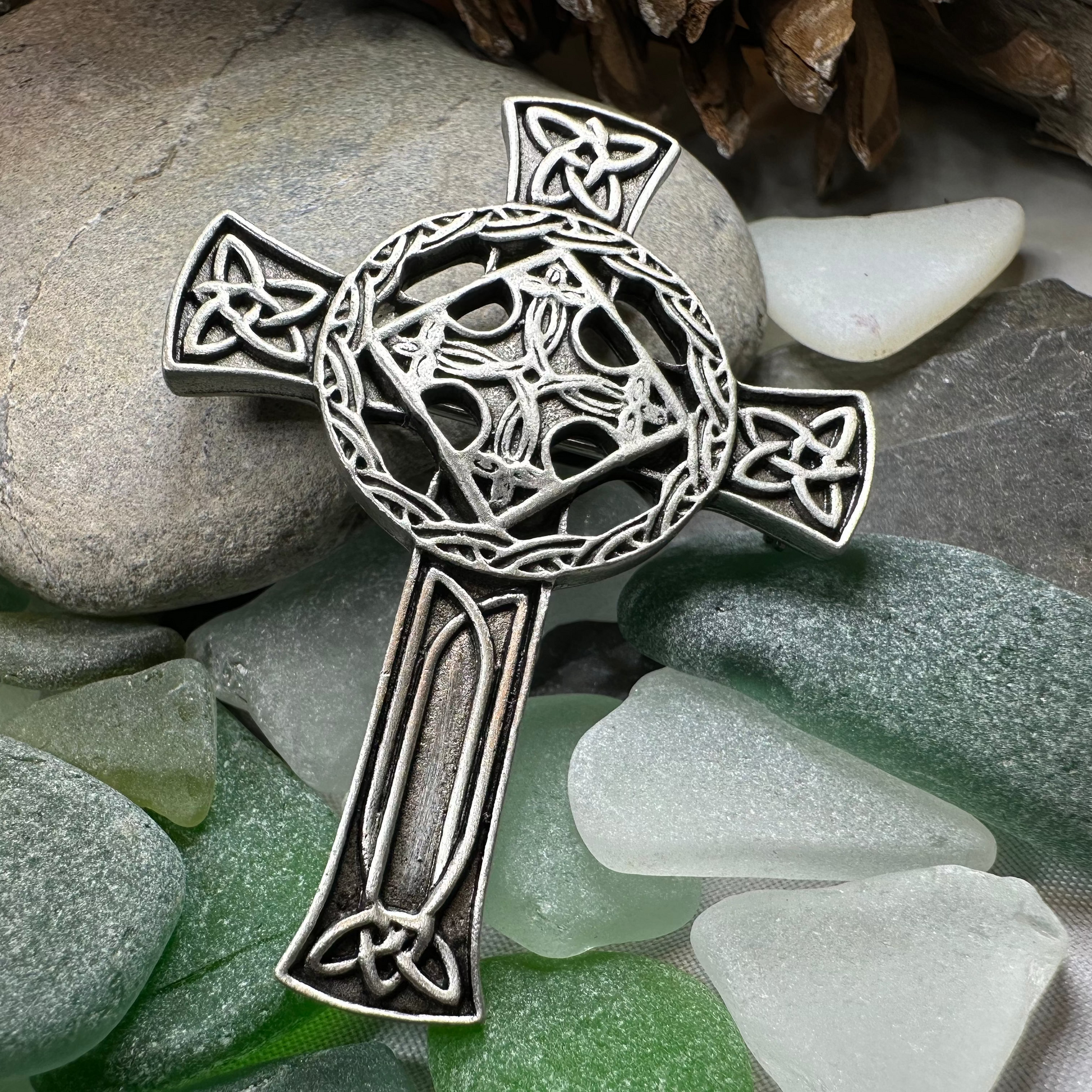 Antique Celtic Cross Brooch in Pewter — view 10