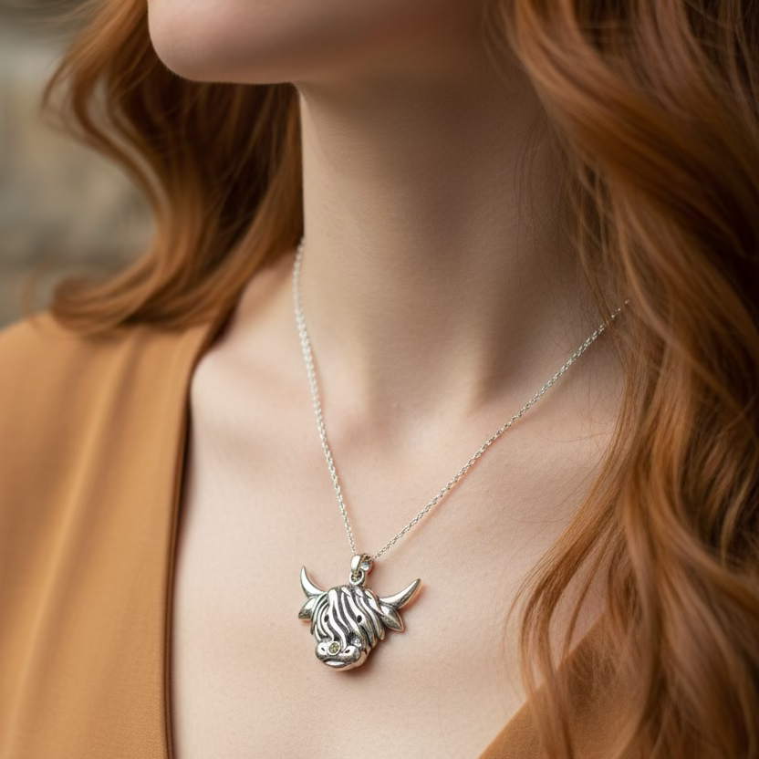 Kinross Scottish Highland Cow Necklace in Sterling Silver