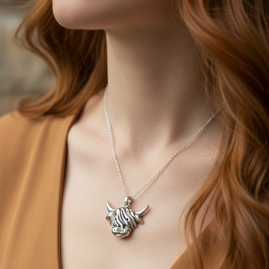Kinross Scottish Highland Cow Necklace in Sterling Silver