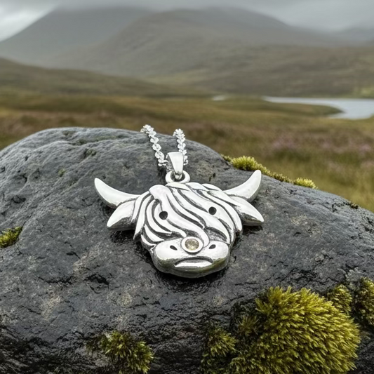 Kinross Scottish Highland Cow Necklace in Sterling Silver