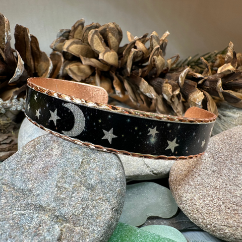 Load image into Gallery viewer, Midnight Moon &amp; Stars Copper Cuff Bracelet
