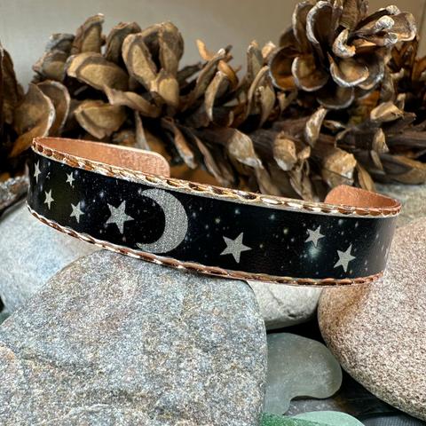 Load image into Gallery viewer, Midnight Moon &amp; Stars Copper Cuff Bracelet

