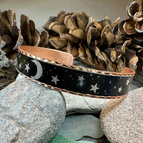 Load image into Gallery viewer, Midnight Moon &amp; Stars Copper Cuff Bracelet
