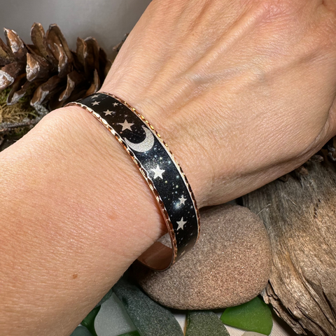 Load image into Gallery viewer, Midnight Moon &amp; Stars Copper Cuff Bracelet

