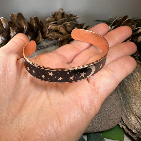 Load image into Gallery viewer, Midnight Moon &amp; Stars Copper Cuff Bracelet
